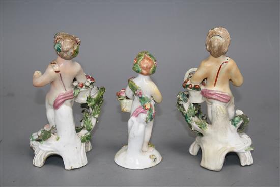 Three Bow porcelain figures of cherubs, c.1760-75, height 12 - 14.5cm